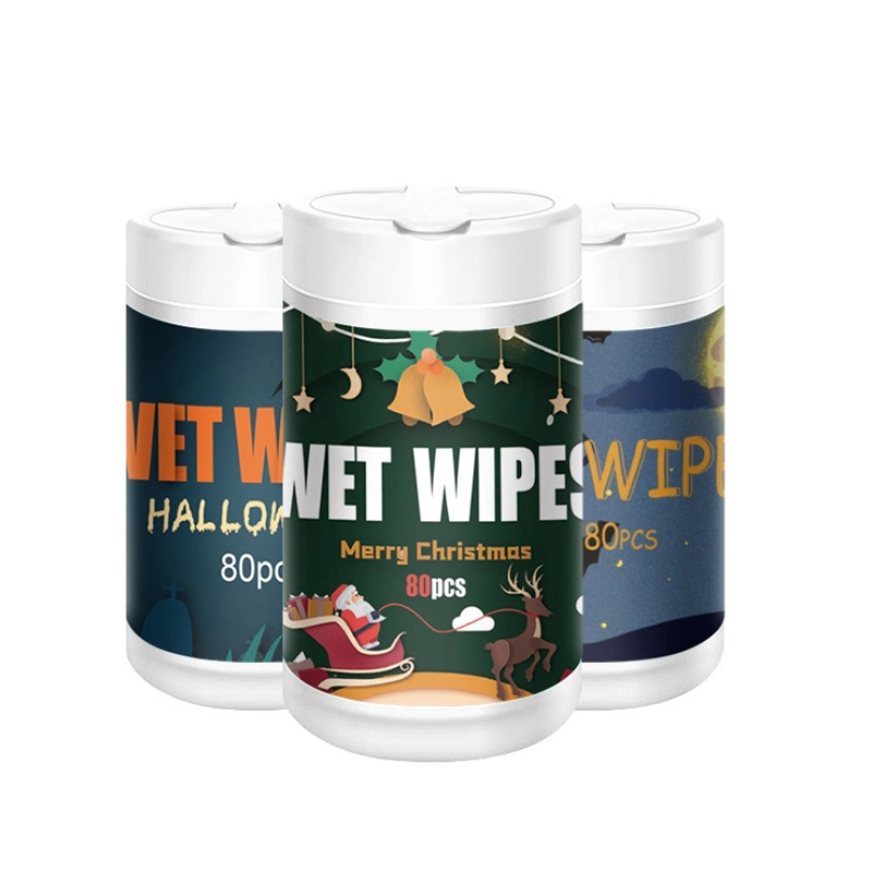 Neu ankommen Weihnachten Festival Alkohol Wet Wipe mit FDA Anti Virus 75% Alkohol Desinfektionsmittel Tücher in Kanistern