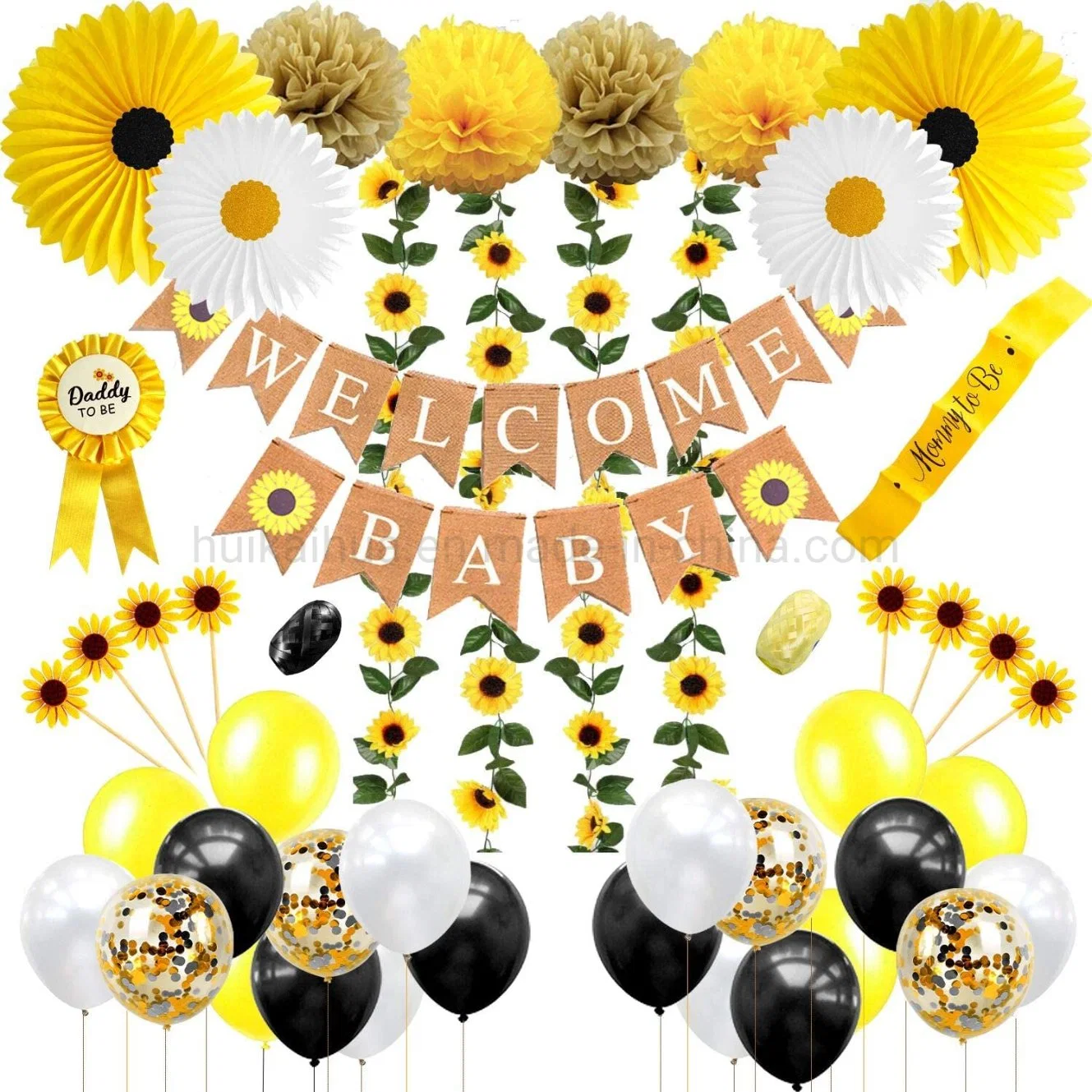 Sonnenblume Thema Papier Fan Papier Banner Papier Pompom Baby Dusche Dekorationen Set