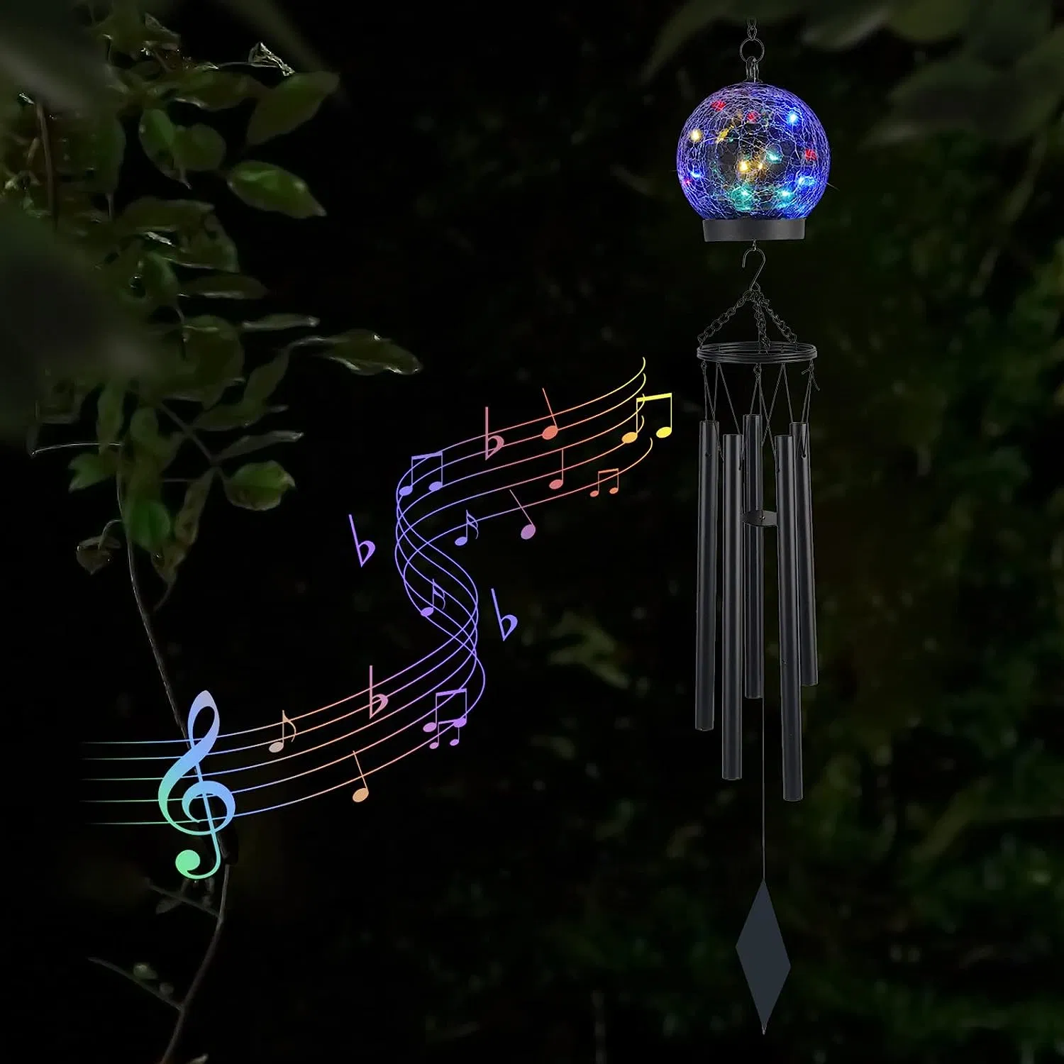 Wind Chimes Luzes Solares Exteriores, 42 Polegadas Grande Sino de Simpatia 15 LED Piscando Bola de Vidro Rachado Multicolorida Presentes de Aniversário para Mulheres Decorativo Pendurado no Jardim.