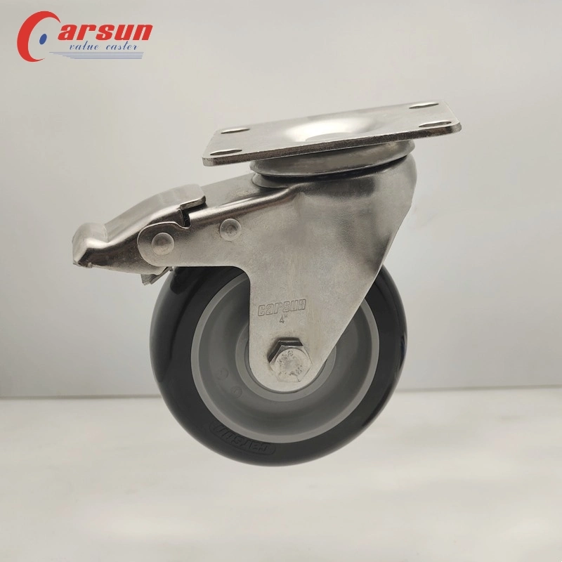 Medium Duty Stainless Steel Industrial Castors 4 Inch Black PU Swivel Caster Wheels with Stainless Steel Brakes