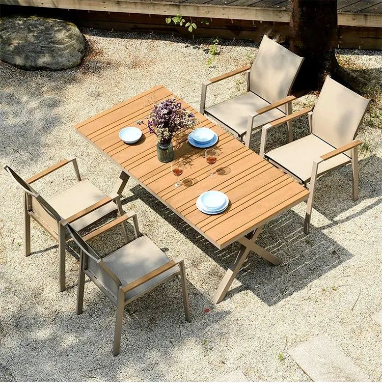 European Style Modern Luxury Dining Table Sets Outdoor Party Wooden Table Patio Furniture Textilene Garden Dinner Chair Sets