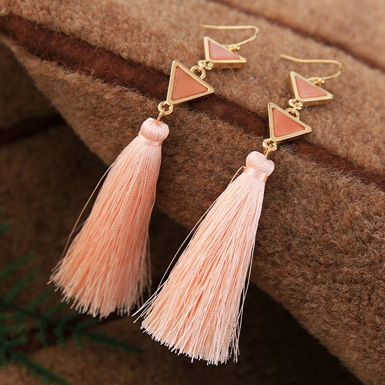 Boho Ethnic Jewelry for Women Long Raffia Tassel Irregularity Triangle Natural Stone Chandelier Hook Earrings