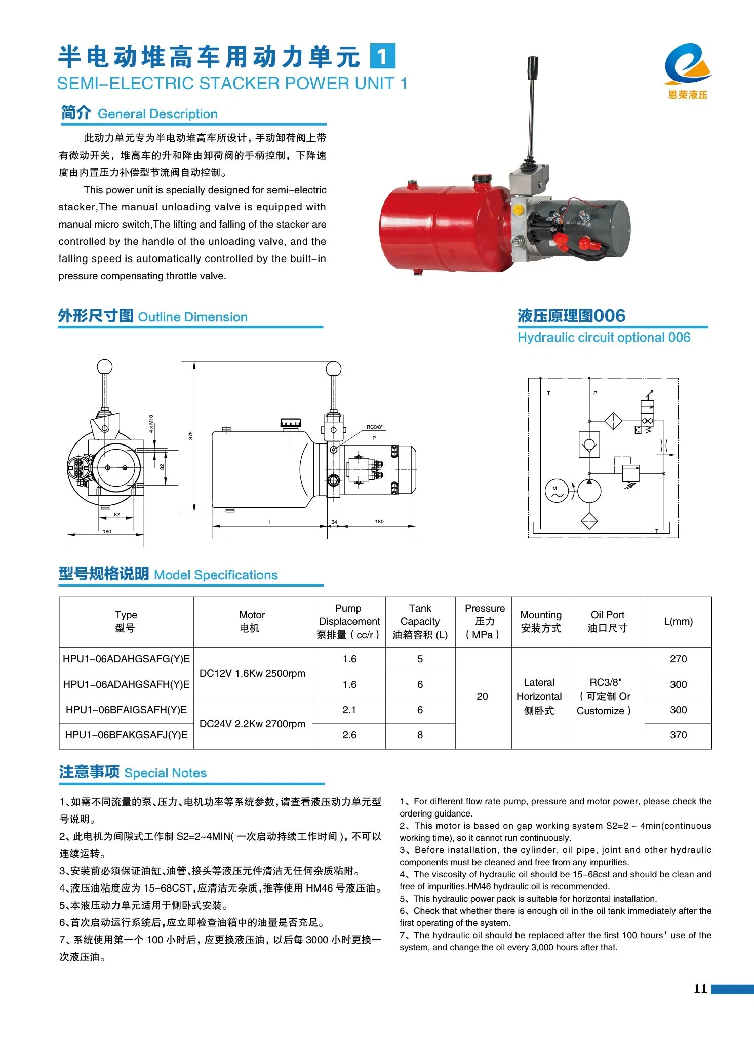 Hydraulic Pump Unit Pack Unit Semi-Electric Forklift Walkie Stacker Fork Lift Truck Empty Container Handler