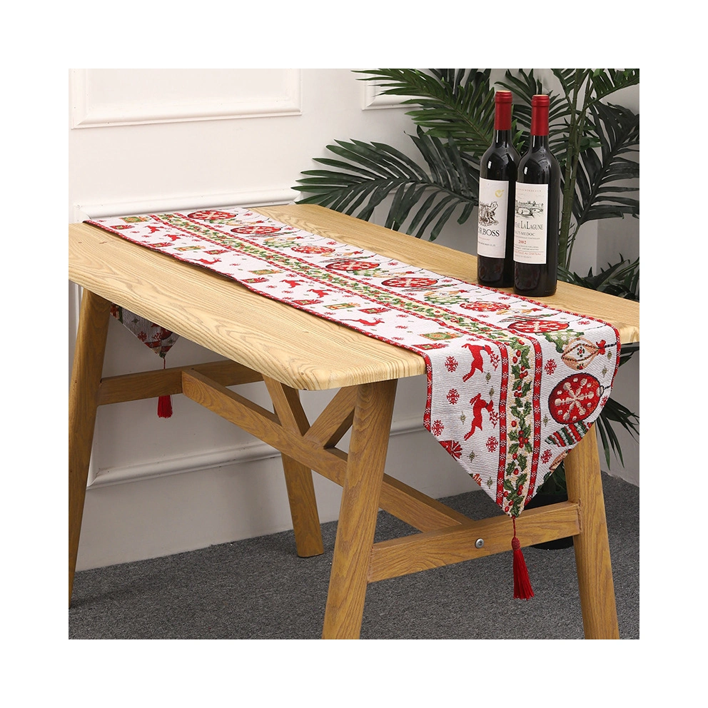 Linen Christmas 100% Dining Decoration Decorative Fabric Floral Printed Lace New Year 180cm with Placemats Red Table Runner