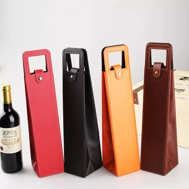 Portable Black Single Wine Carrier Tote Bag Package Reusable PU Leather Packing Bag for Wine