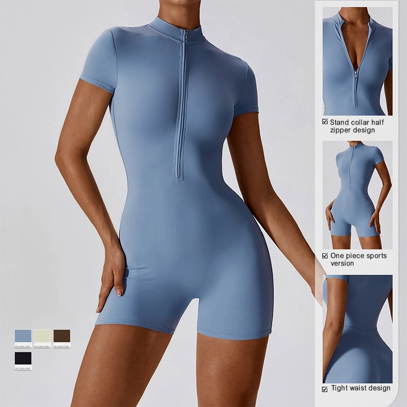 Summer Women's Beach Wear One Piece Short Sleeves Zipper Front Shorts Tummy Control Gym Sports Wear Sports Jumpsuit Swimwear