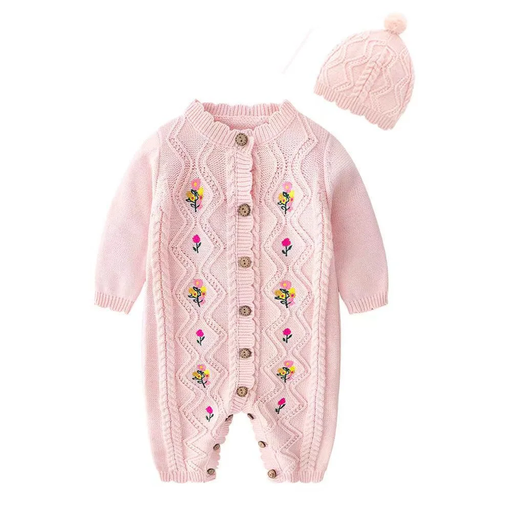 Baby Girl Spring Autumn Embroidery Long Sleeve Knitted Sweater Rompers