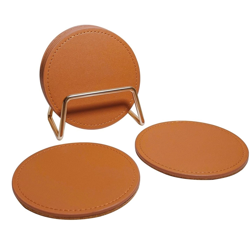 House Warming Gift Cork Base Leather Round Cup Coasters Drinks Coaster Set of 6 with Metal Holder