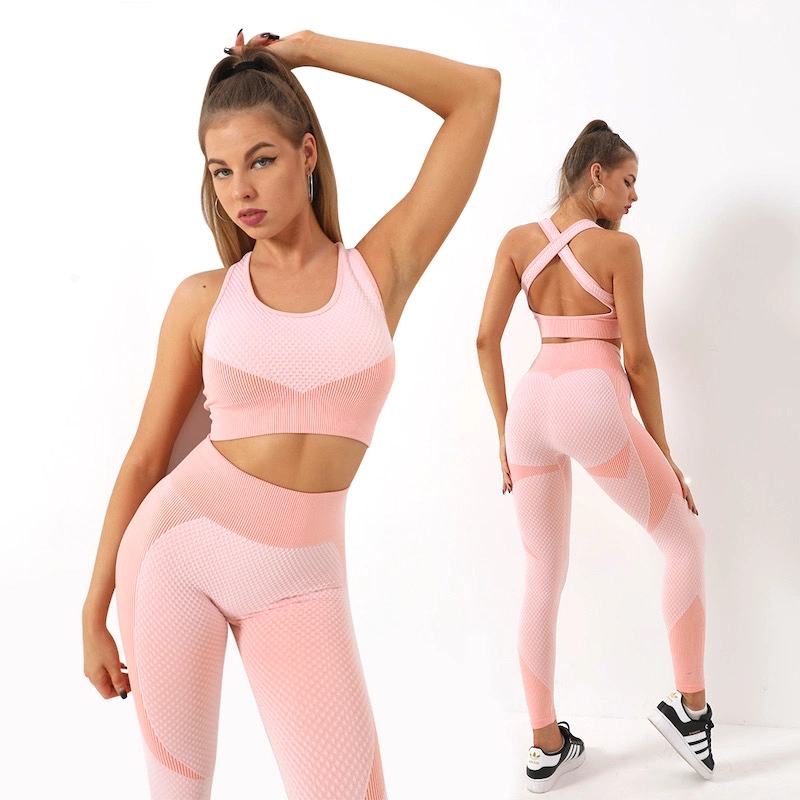 Dongguan Factory Custom Logo 4XL Plus Size Splicing Colors Workout Yoga Wear for Women, Seamless Textured Leggings + Sexy Sports Bra Gym Sets Fitness Clothes