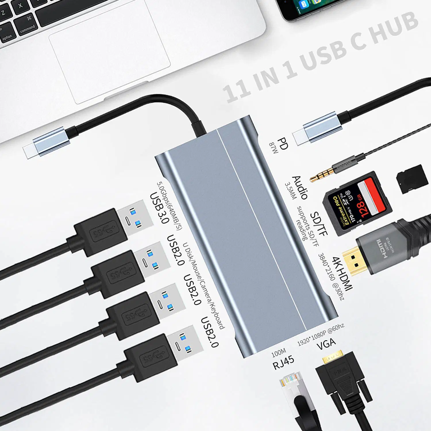 Benutzerdefinierte OEM-USB-Typ-C-Hub-Docking-Station Typ C USB Hub mit HD-Mi+USB3,0+Pd Ladegerät