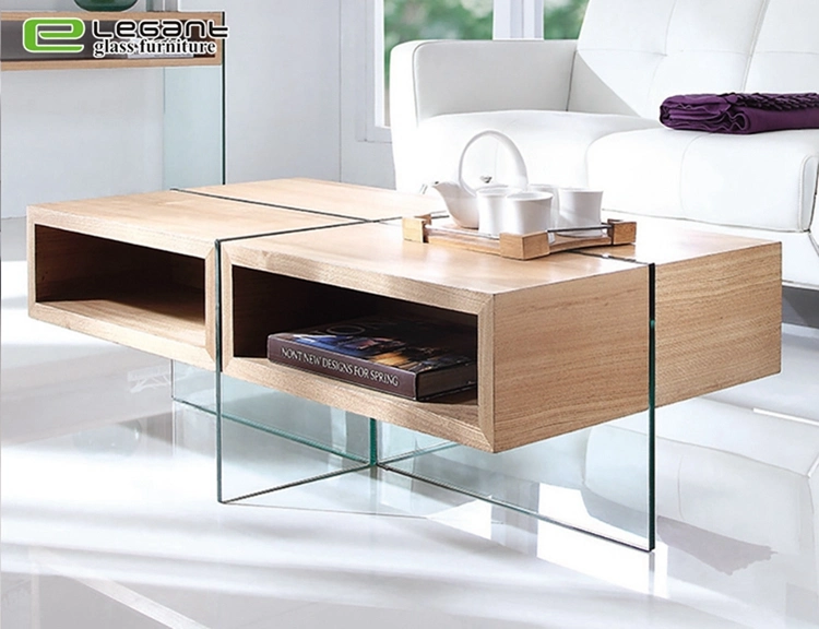 Akiyama Esche Holz Furnier Mitteltisch mit gehärtetem Glas Beine