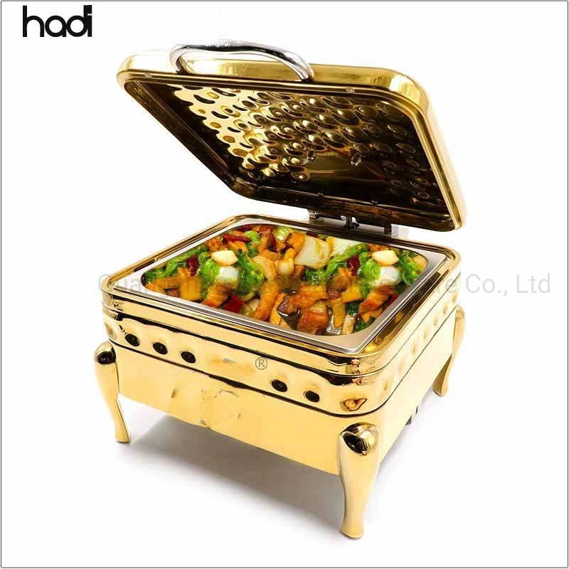 Catering Supplies Commercial 304 Stainless Steel Modern 6L Square Gold Hammered Luxury Chafing Dish Hotel Chafer Buffet Food Warmer for Buffet Hotel