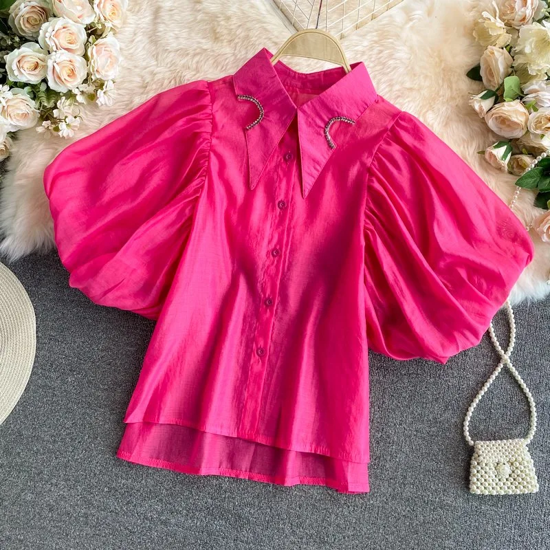 Wholesale/Supplier 2023 Summer New Fashion Women's Retro Style Irregular Rhinestone Lapel Puff Sleeve Shirt Fashion Short Blouse