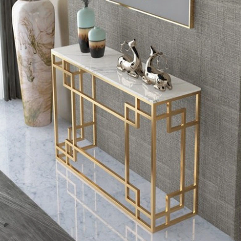 Customized Home Furniture Living Room Rectangle Side Tables Gold Stainless Steel Legs Marble Top Entryway Console Table