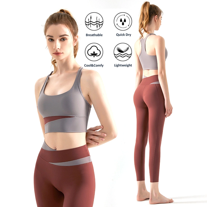 New Chic Patchwork Design Working out Clothes Fitness Wear for Women, Custom Sports Bra + Cross Waisted Running Leggings 2 Piece Sexy Active Yoga Sets