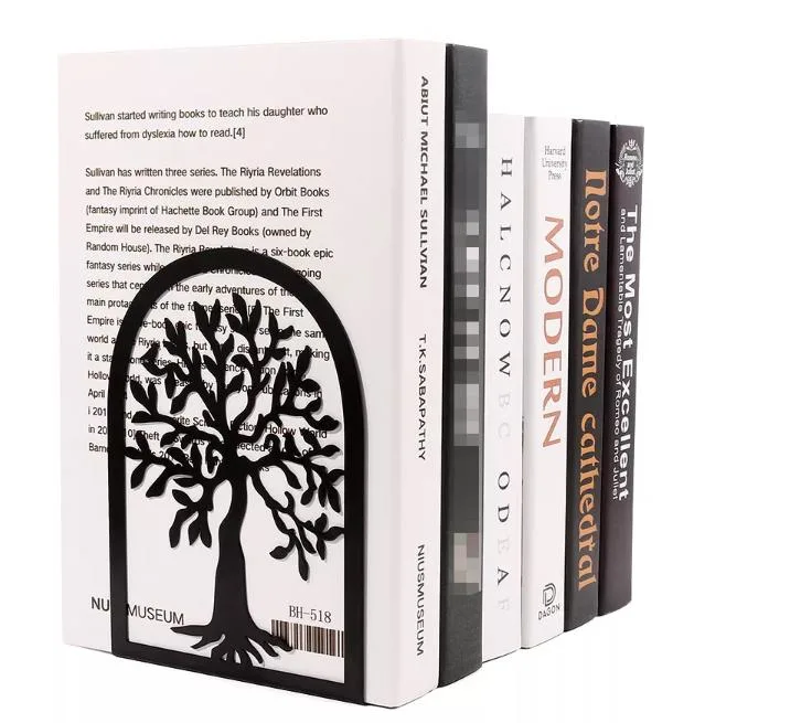 Black Tree of Life Bookends Non-Slip Metal Bracket Heavy Book Stopper for Office Home