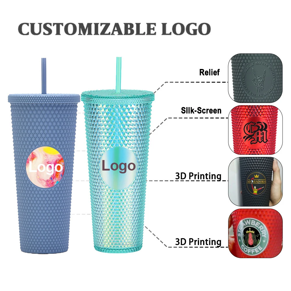 Coffee Mug Plastic Cup 710ml UV Colors Double Wall 24oz Studded Tumbler with Straw