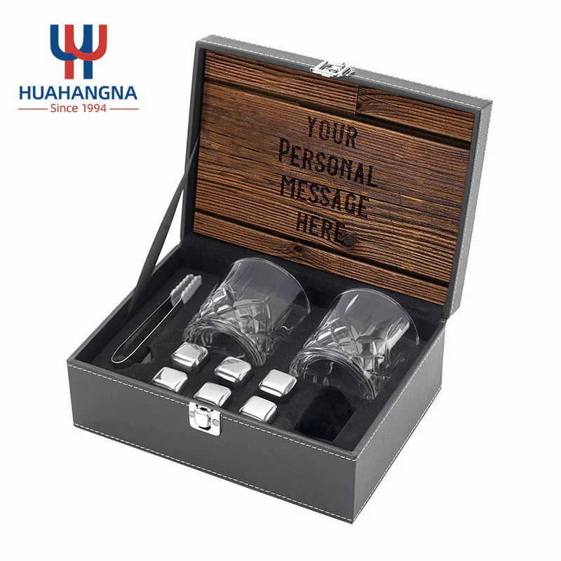 Whiskey Stone Gift Set 2 Pack Custom Logo Crystal Whiskey Glasses Set with 6 Stainless Steel Stones and Tong in Leather Box