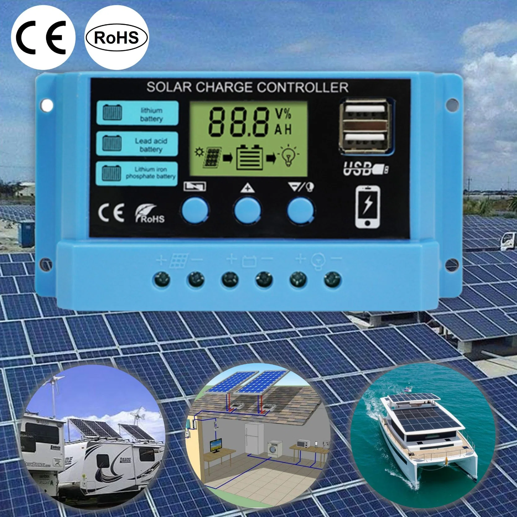 High Power 12V 24V Solar Panel Regulator 10A 20A 30A Mini PWM Solar Charger Controller