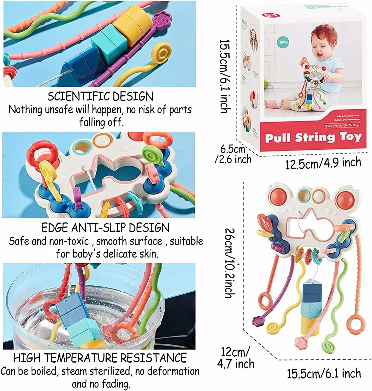 Sensory Silicone Montessori Toys Silicone Pull String Interactive Activity Toys for Baby and Toddler Gifts