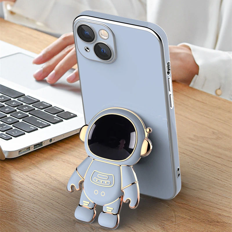 Factory Wholesale/Supplier Plated Glossy Mobile Phone Case Cover for iPhone 14 with Astronaut Stand Accessories