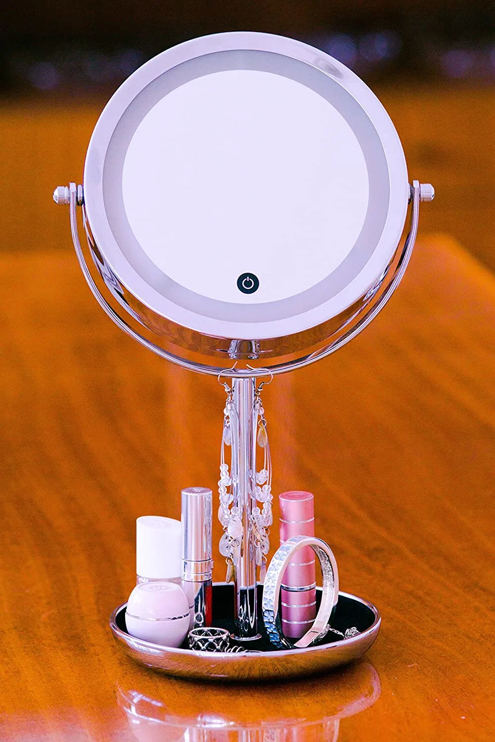 El cuadro dobles caras LED redonda de la vanidad de espejo de maquillaje con bandeja