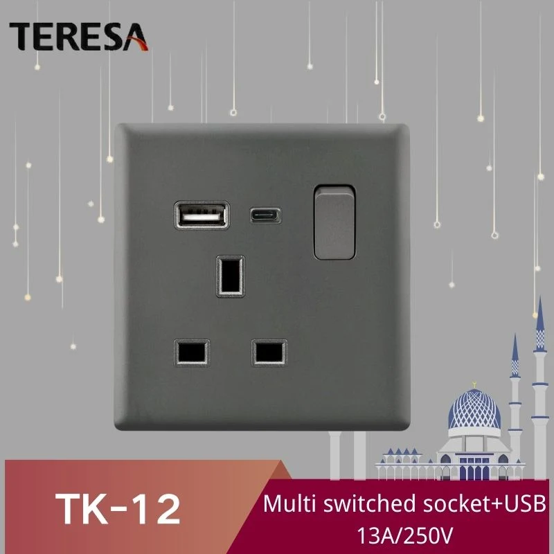 Tomada de parede dupla com 2 portas USB e 1 porta Tipo C para carregamento rápido de 13 AMP, 2 tomadas cinza elétricas.