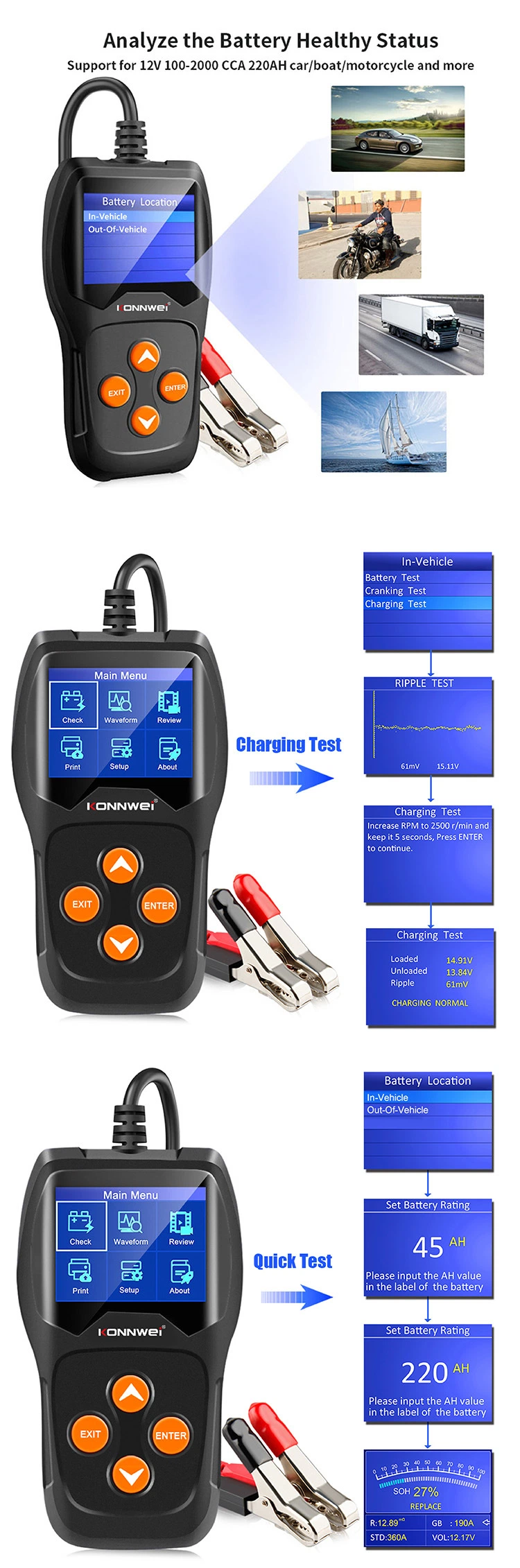 Car Battery Tester Kw600 Battery Diagnostic Tools