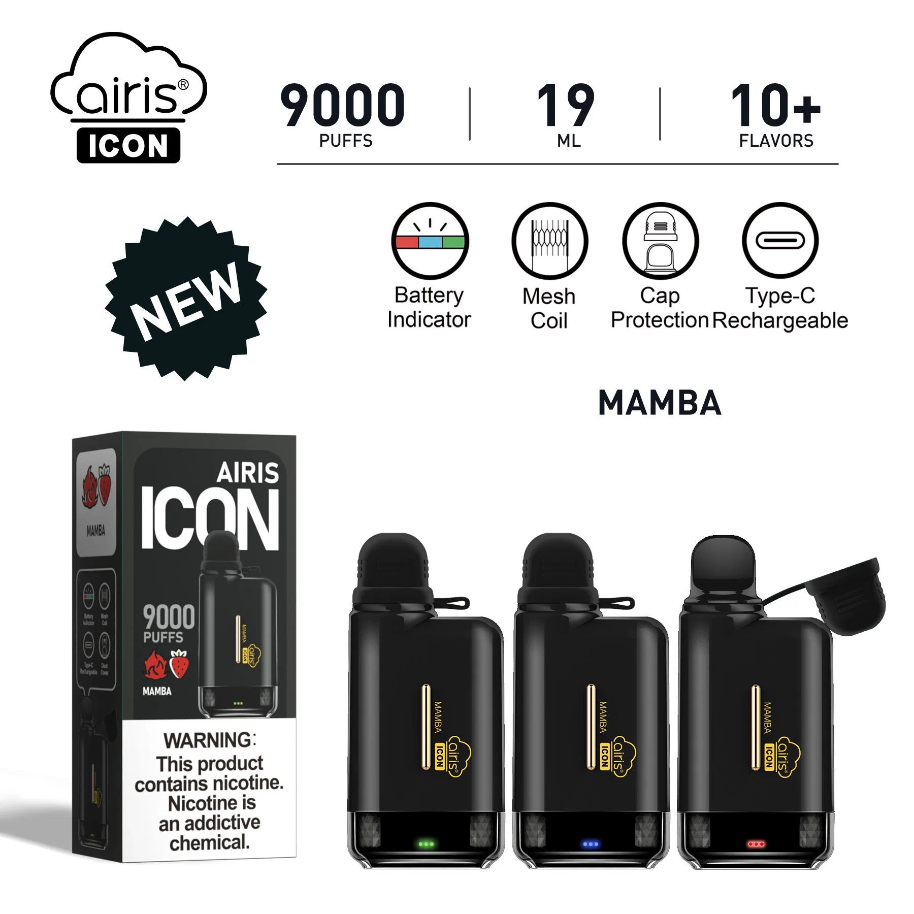 Airis Icon 9000 Puffs Pod de cassette jetable 20 ml rechargeable jetable Dispositif VAPE