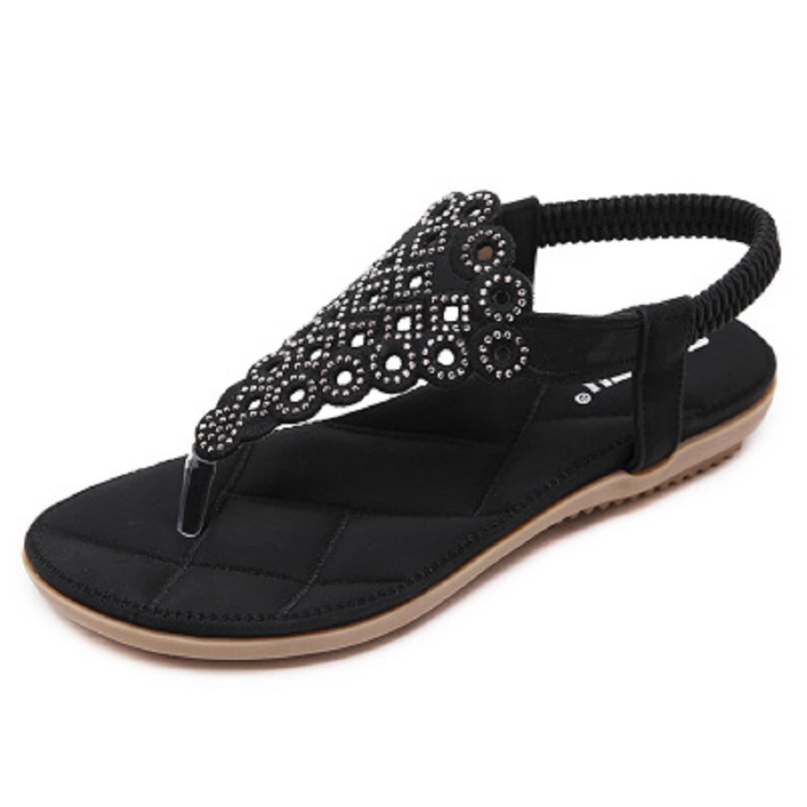 Women Bohemian Flat Sandals, Summer Beach T-Strap Flip Flop Sparkling Rhinestone Walking Sandals Casual Elastic Slip-on Sandals Esg13836