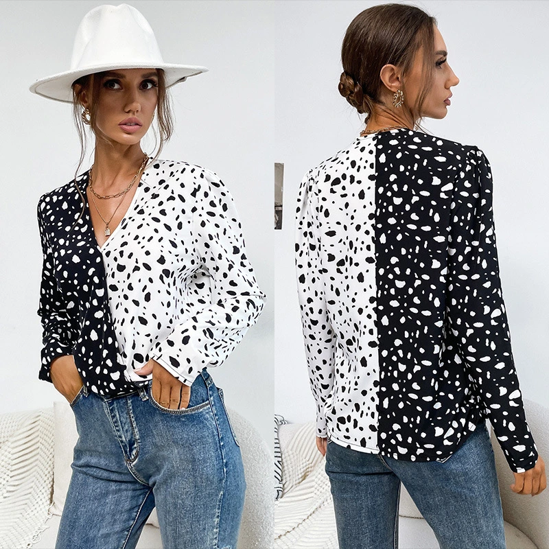 2021 Amazon Autumn Two Tone Leopard Print V Neck Shirt Blouse