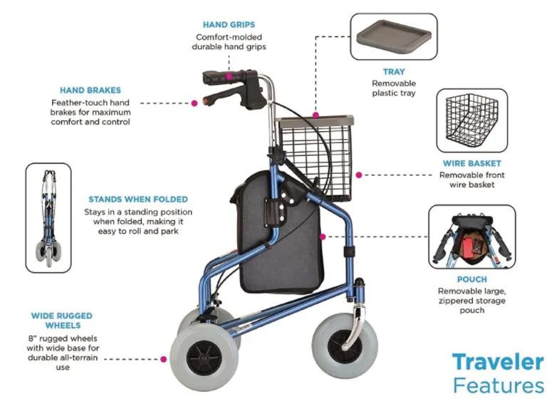 3 roues en aluminium léger pliage de la mobilité de l'aide de marche Rollator Walker avec un sac de shopping