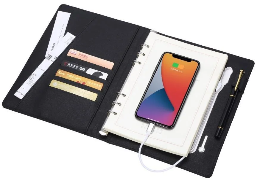 De Carga inalámbrica portátil multifuncional Powerbank Note Book Agenda de cuero tejido Smart Business portátiles de regalo