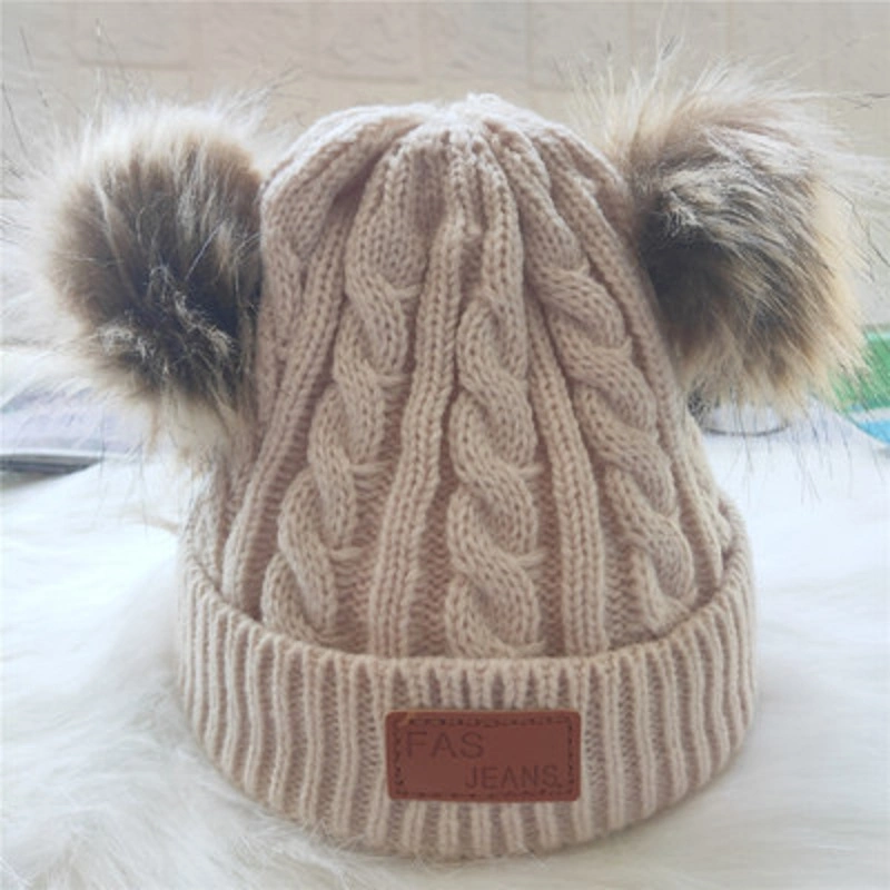 Infant Toddler Beanie Woolen Hat Pure Color Winter Twist Double POM POM Wool Knitted Hat for 1-3 Years Old Esg13428