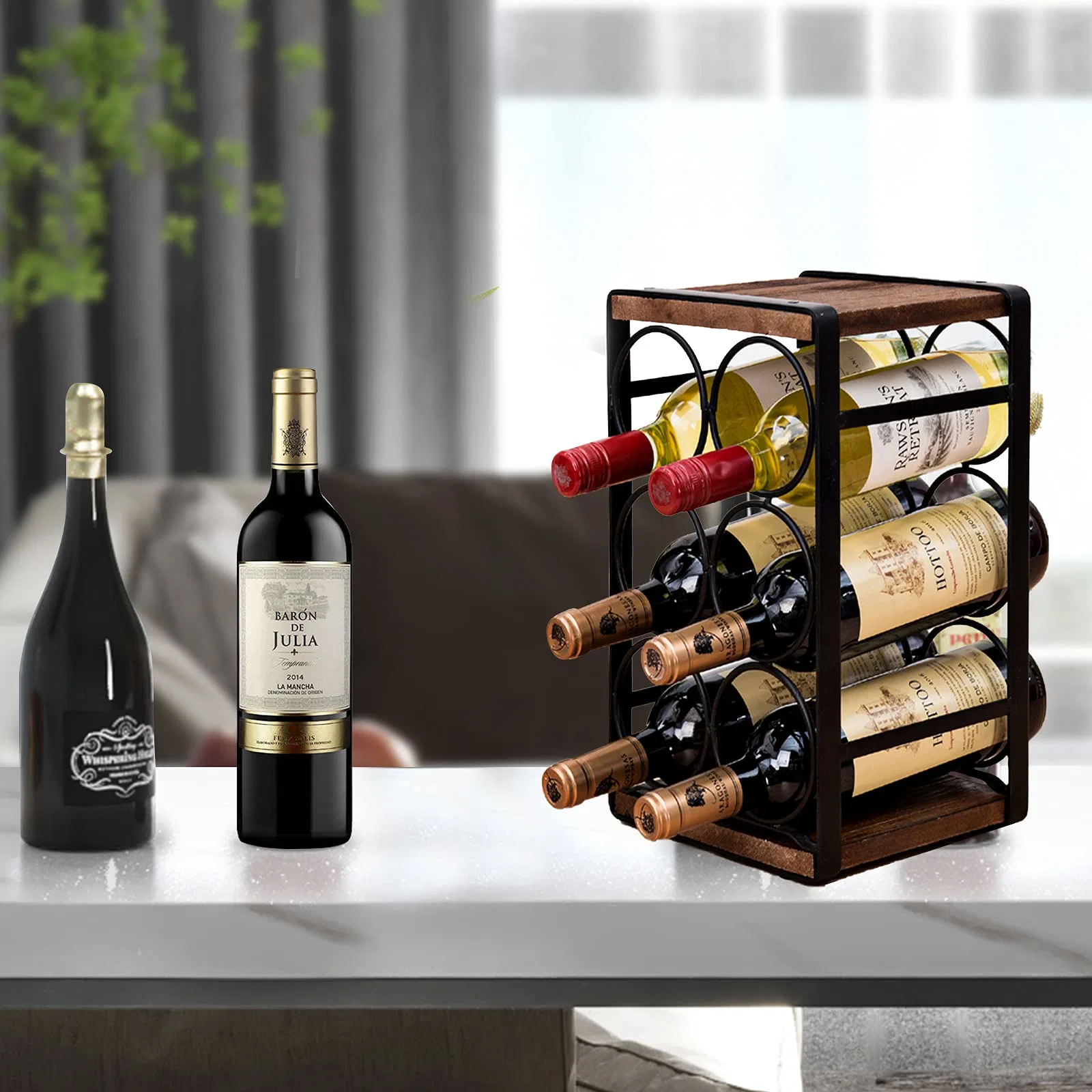 Rustic Wood Countertop Organizer 6 Bottles Display No Need Assembly Wine Rack