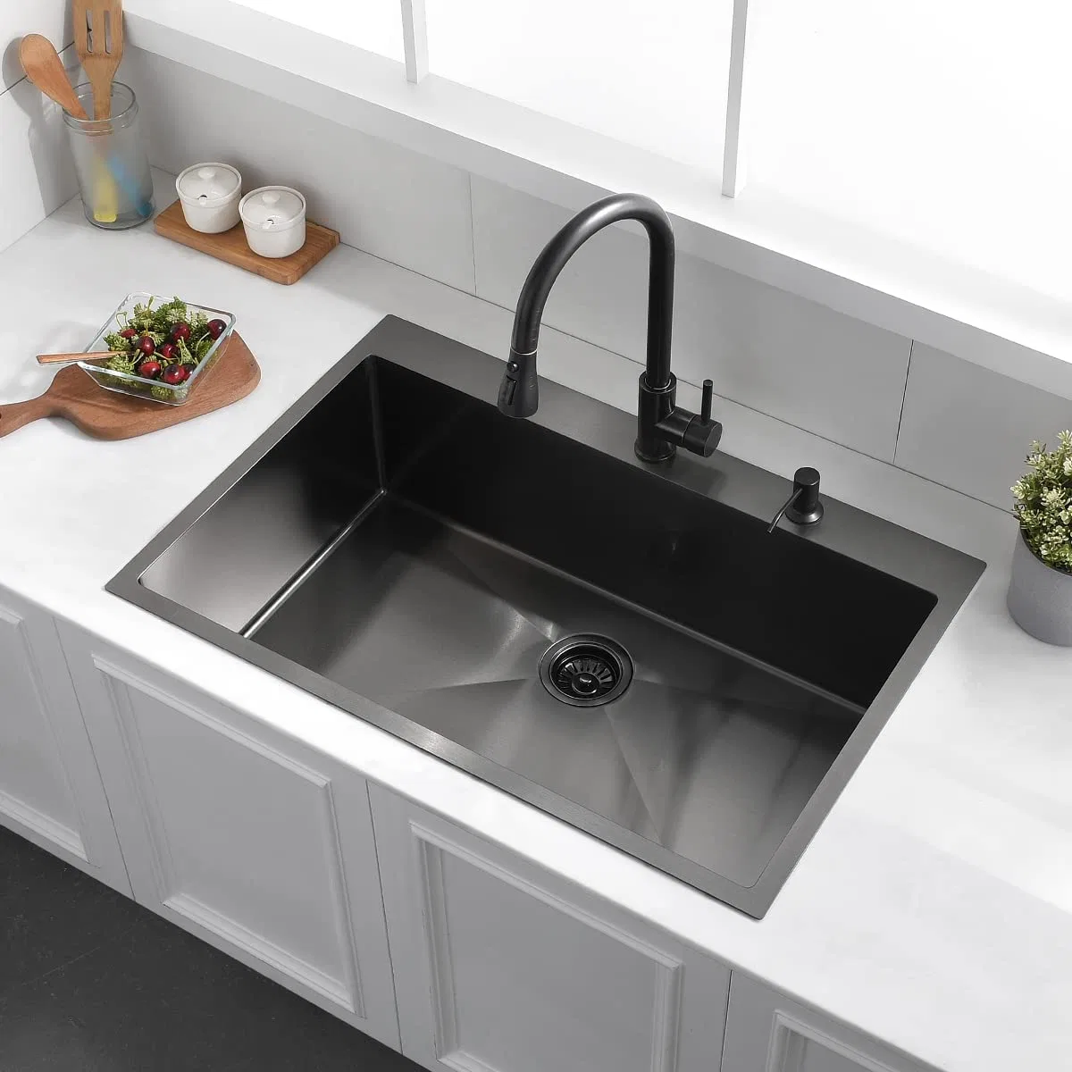 Metal Single Bowl Home Household Kitchenware Stainless Steel Black Nano PVD Kitchen Sink