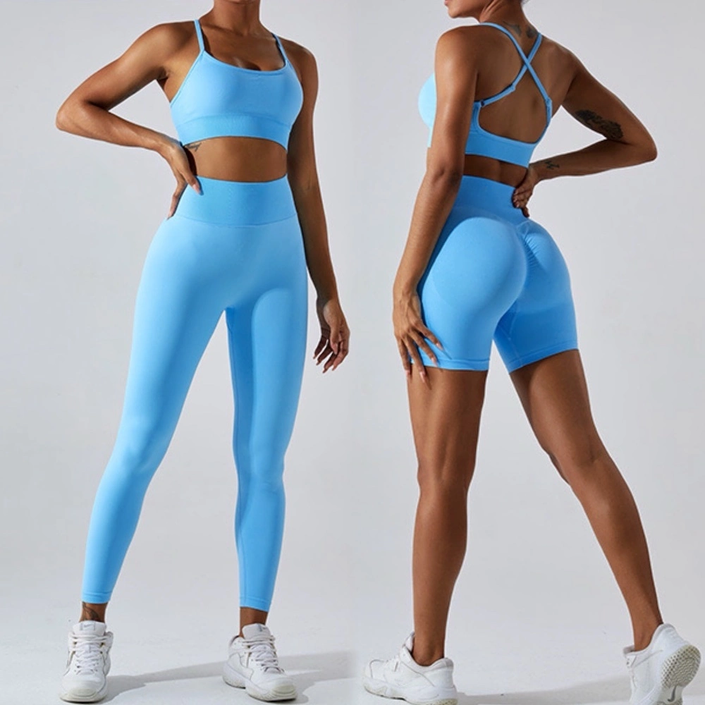 Nuevo Sexy Plus Size Cross Back ropa deportiva sin costuras para mujer, 3pcs Sujetador deportivo + pantalones cortos biker + Leggings de running Personalizar ropa de yoga coincidente