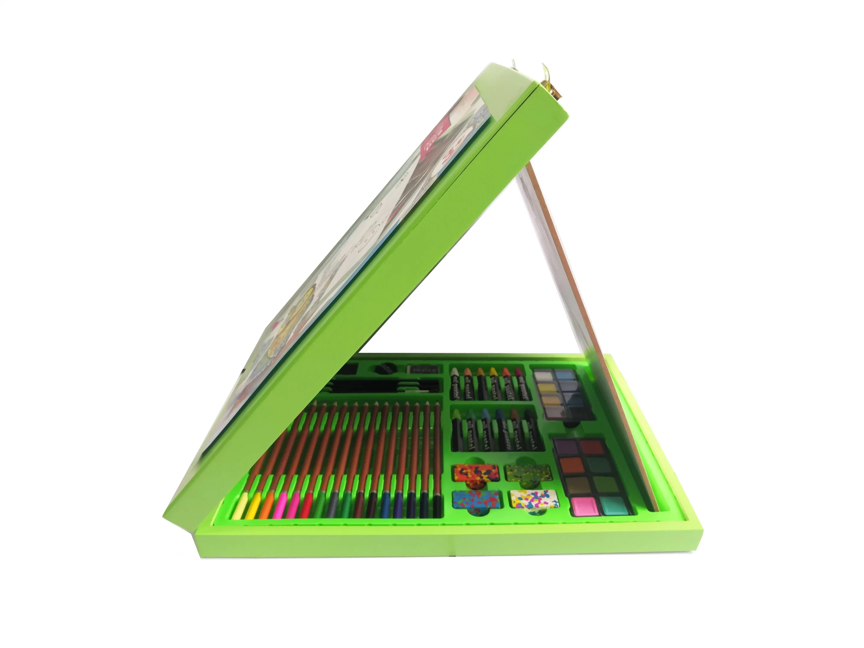 96 PCS Green Wooden Box Drawing Set with Dazzle Color Bar, Conjoined Water Paints, Long Color Pencils Creative Set Toy