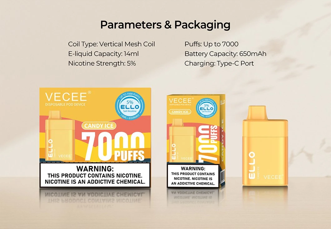 7000puffs Rechargeable Vecee Shenzhen E Cigarette Puff Distributors Vape Factory Ello