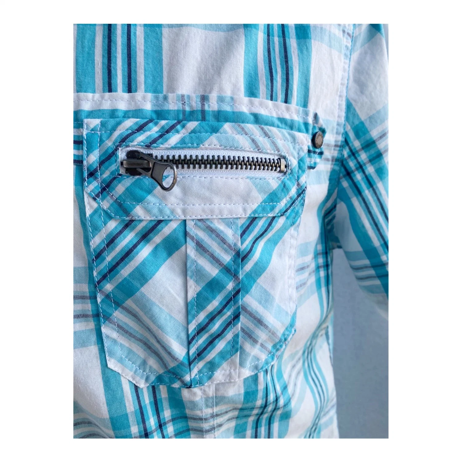 Мужские футболки из тканого материала OEM Cotton Plaid Zipper Pocket Woven, повседневная одежда