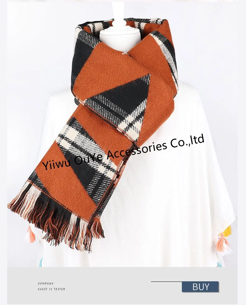 Sylish Customized Constrast Color Grid Soft Tassel Accessories Knitted Scarft