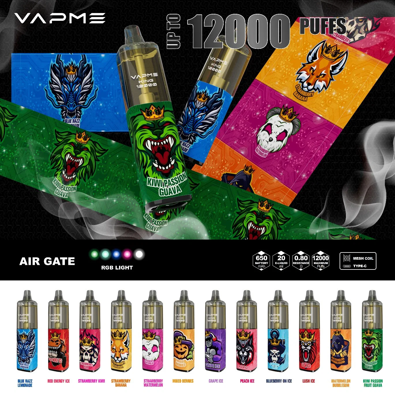 Vapme King 12000 Puffs E-Cig Disposable/Chargeable Vape Device 20ml Prefilled OEM