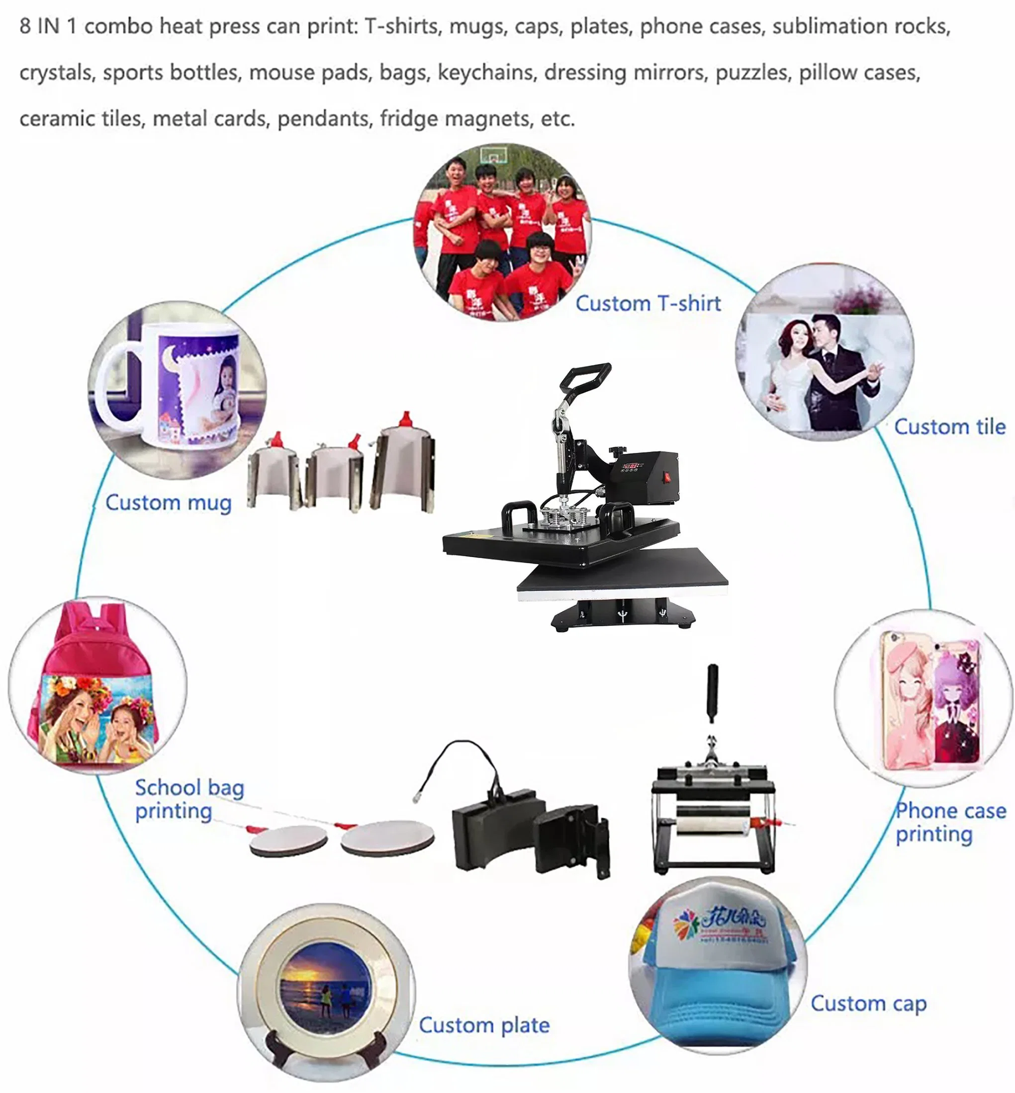 Wholesale Cheap Price 8 in 1 Multi-Functional Auto Open High Pressure Rotary Heat Press Machine Heat Transfer Printing Machine for T-Shirt Plate Mug & Cap