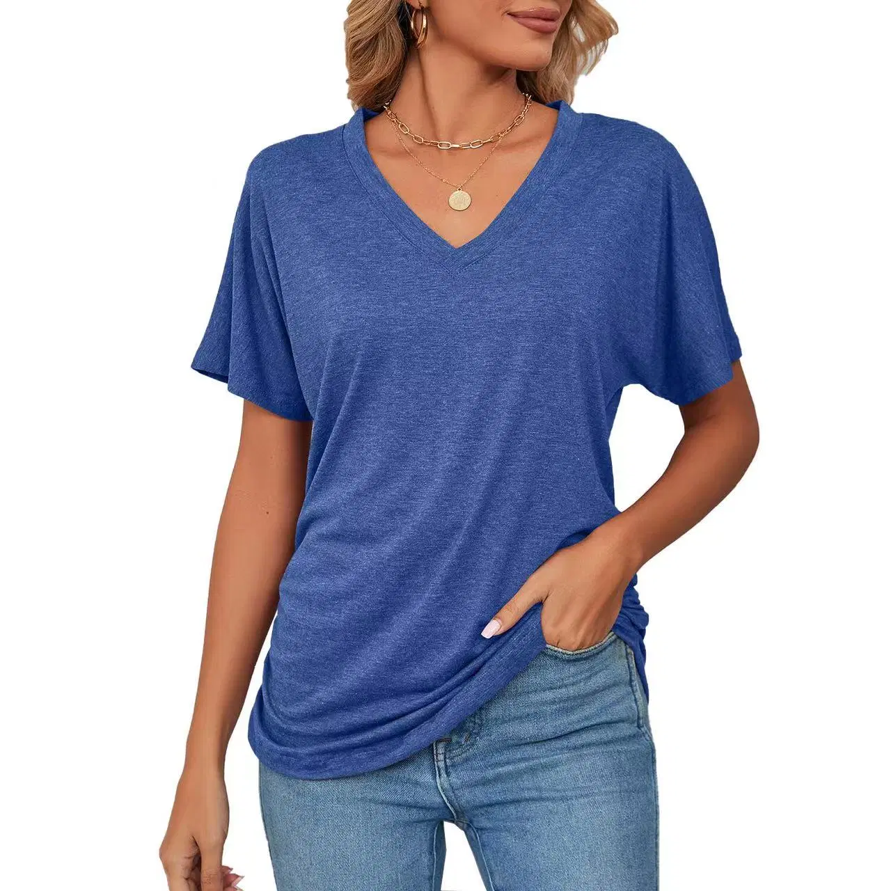 Summer New Casual Pullover V-Neck Solid Color Loose T-Shirt Ladies Blouse