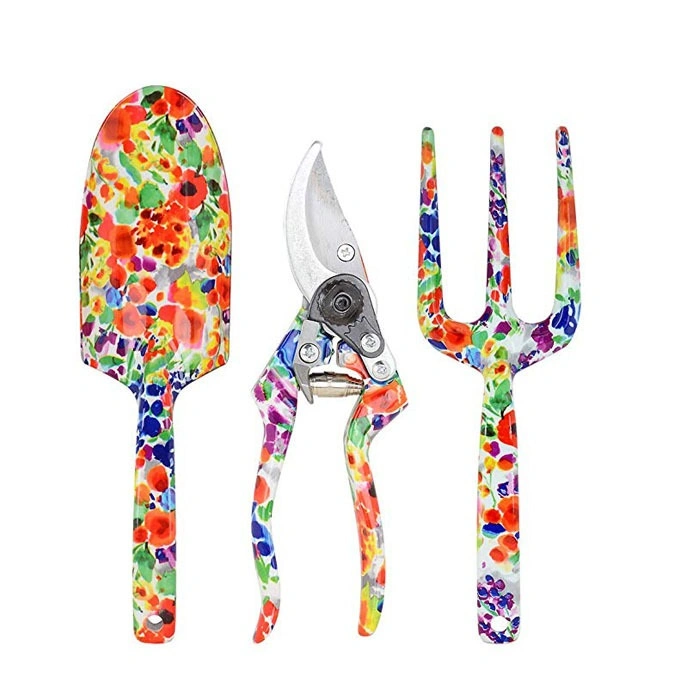 Garden Tools Set of 3PC Floral Design Clippers Trowel Weeding Fork Plant Gardening Trowel, Cultivator, Pruning Shear