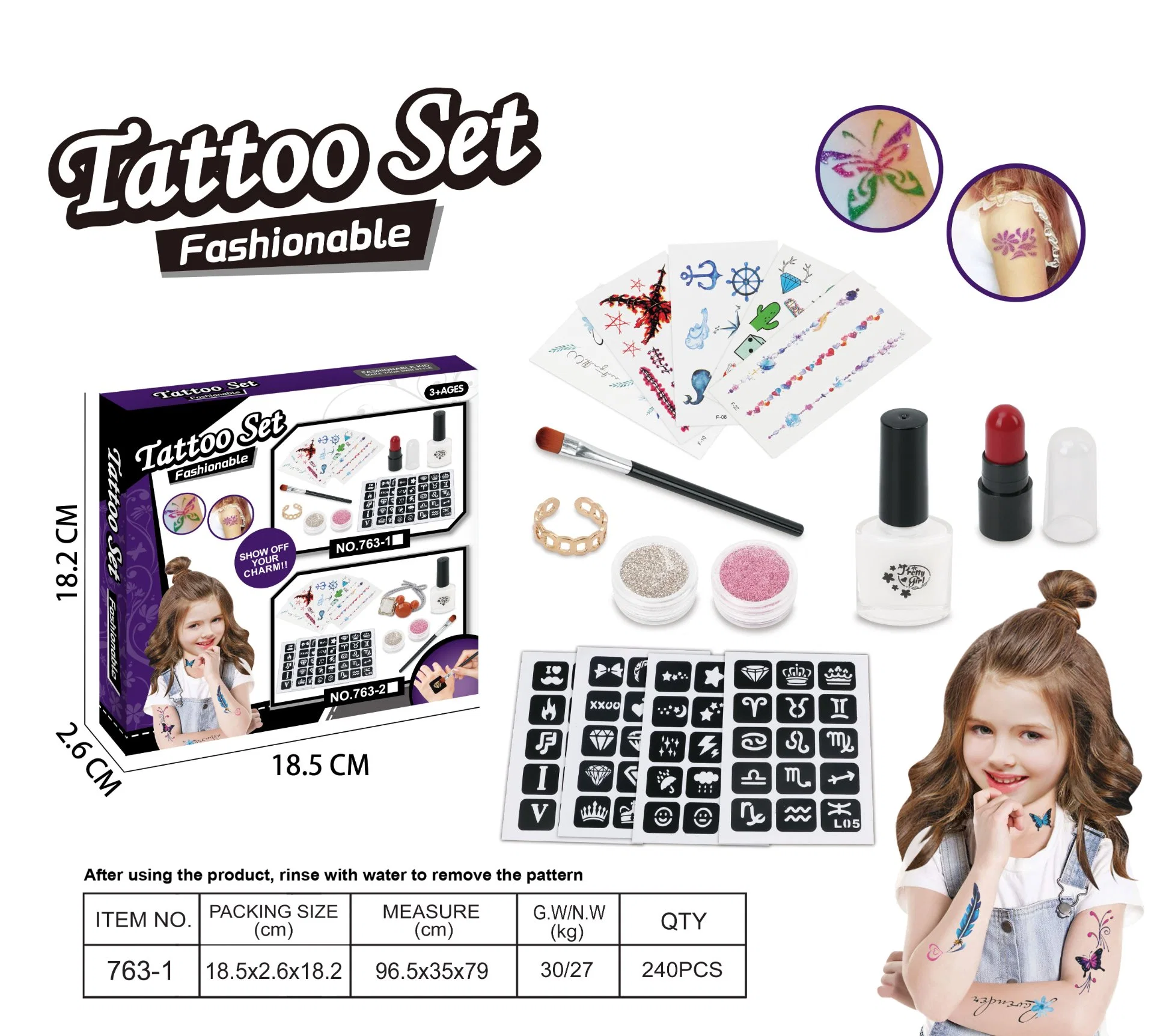 Tattoo Sticker Tattoo Mould Lipstick Ring Headband Glue Glitter Kids Cosmetic Set