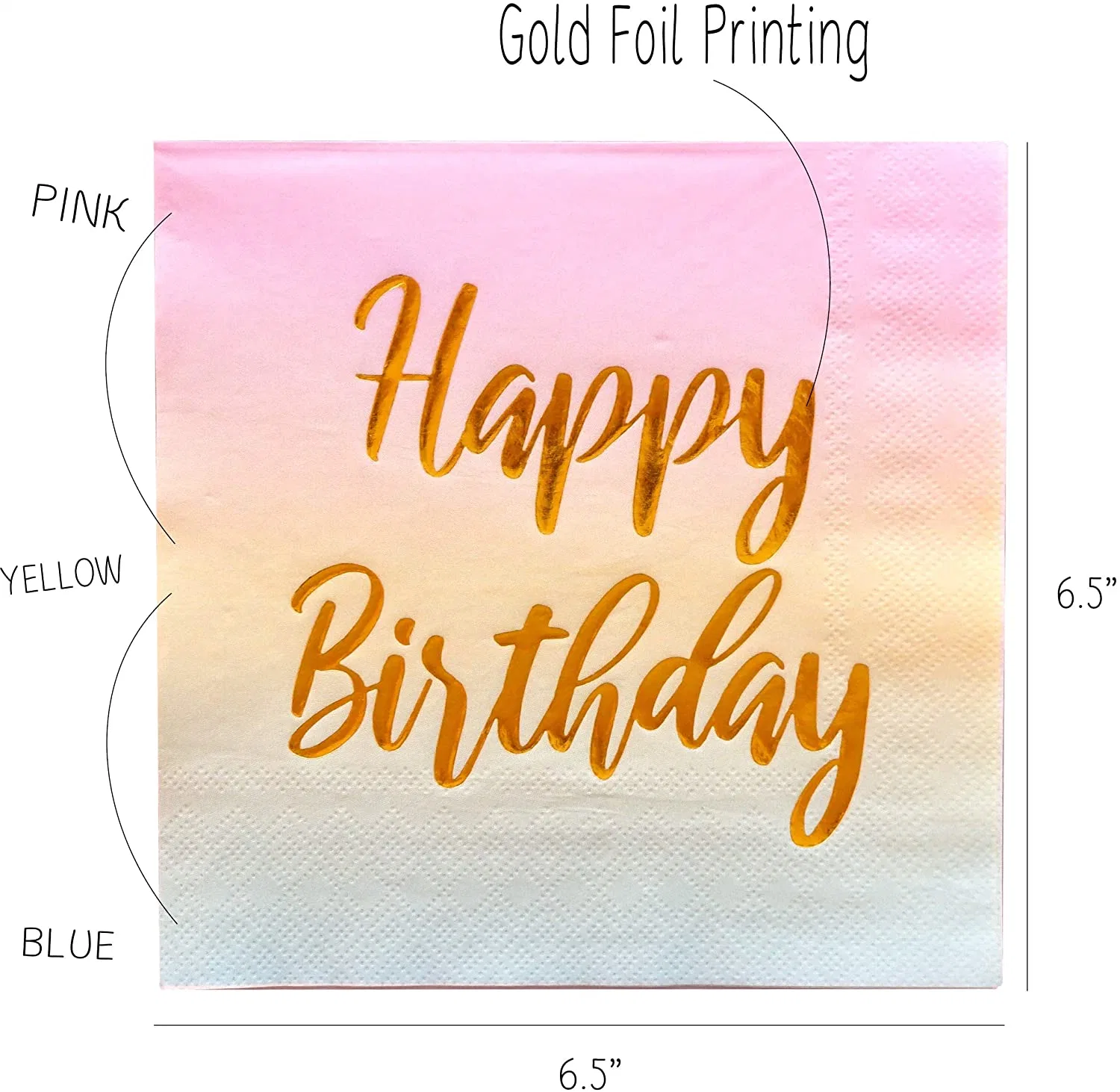 Feliz Cumpleaños servilletas - Pastel de cumpleaños de 50 Pack metálico servilletas de papel desechables con lámina de oro la impresión en color rosa Amarillo Azul Ombre Degradado para Cóctel