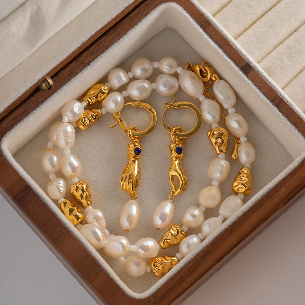 Retro 18K latão revestido a ouro Lapis pedra forma mão água doce Jóias Pearl Drop Earring para mulheres