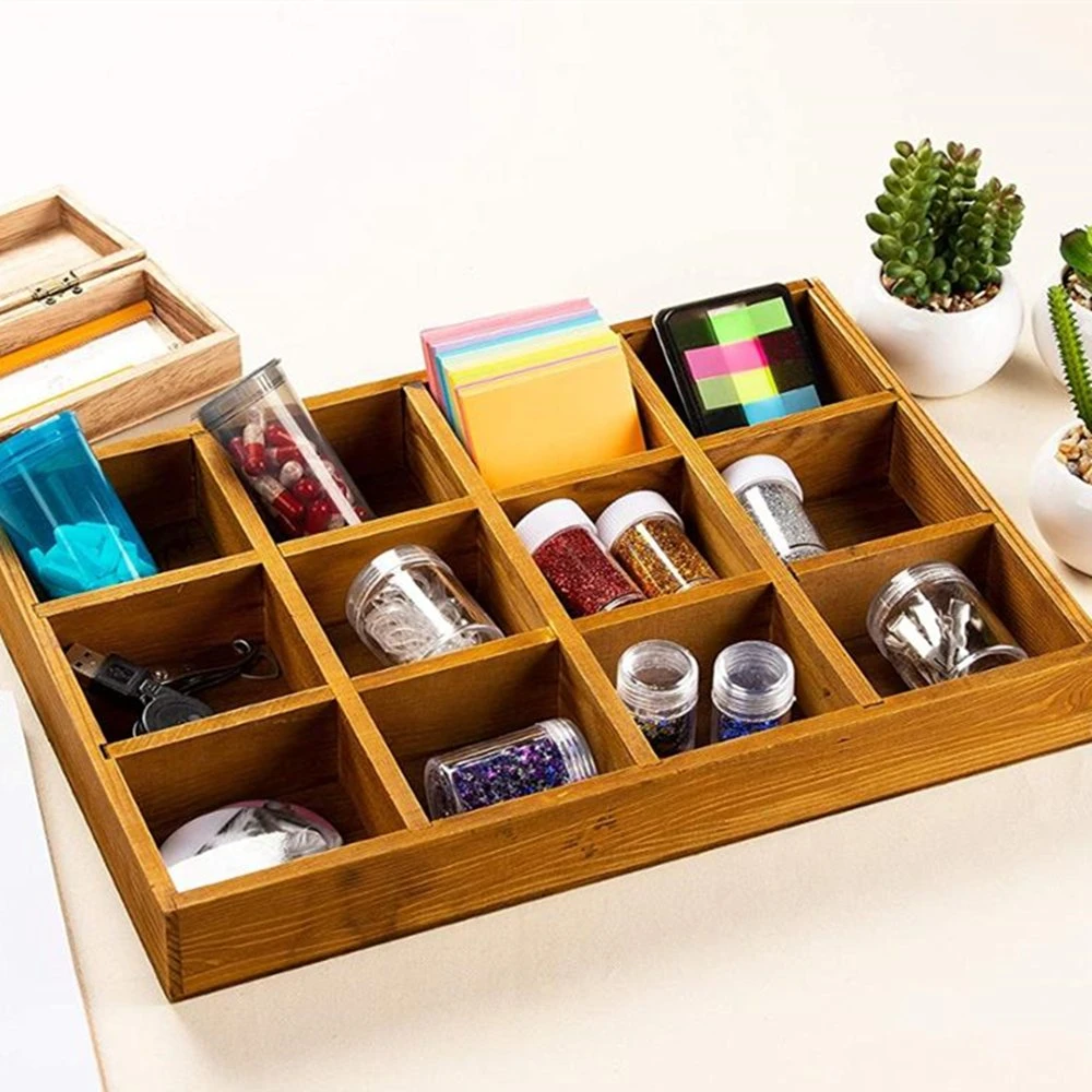 Boîte/Plateau en bois à compartiments multiples avec séparateurs pour bijoux/sachets de thé/souvenirs/câbles USB/rangement de médicaments.