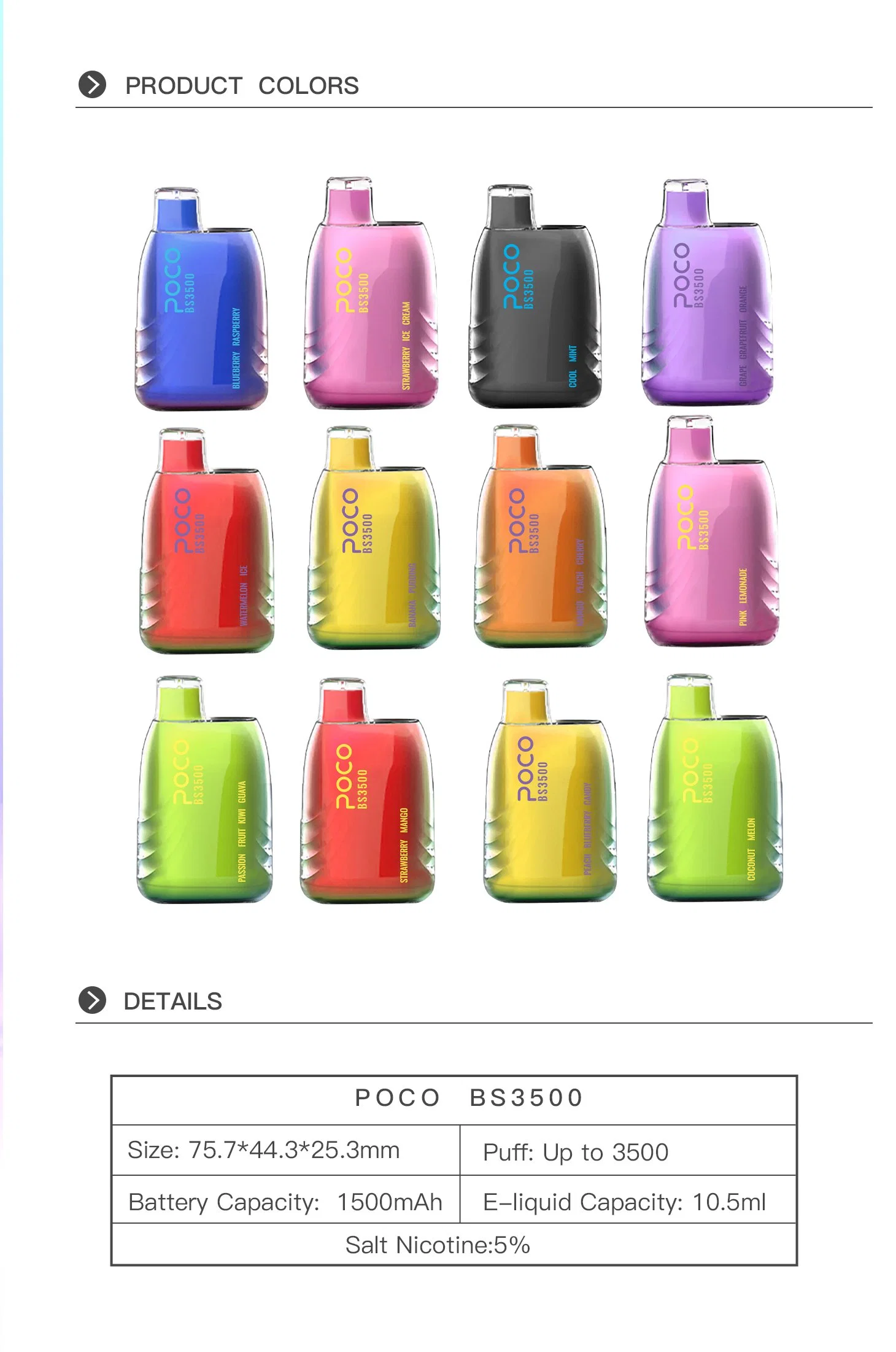 0/2/5% Nic Poco BS3500 Disposable/Chargeable Electronic Cigarette 10.5ml Vape Pod Device with 1500mAh Battery Capacity